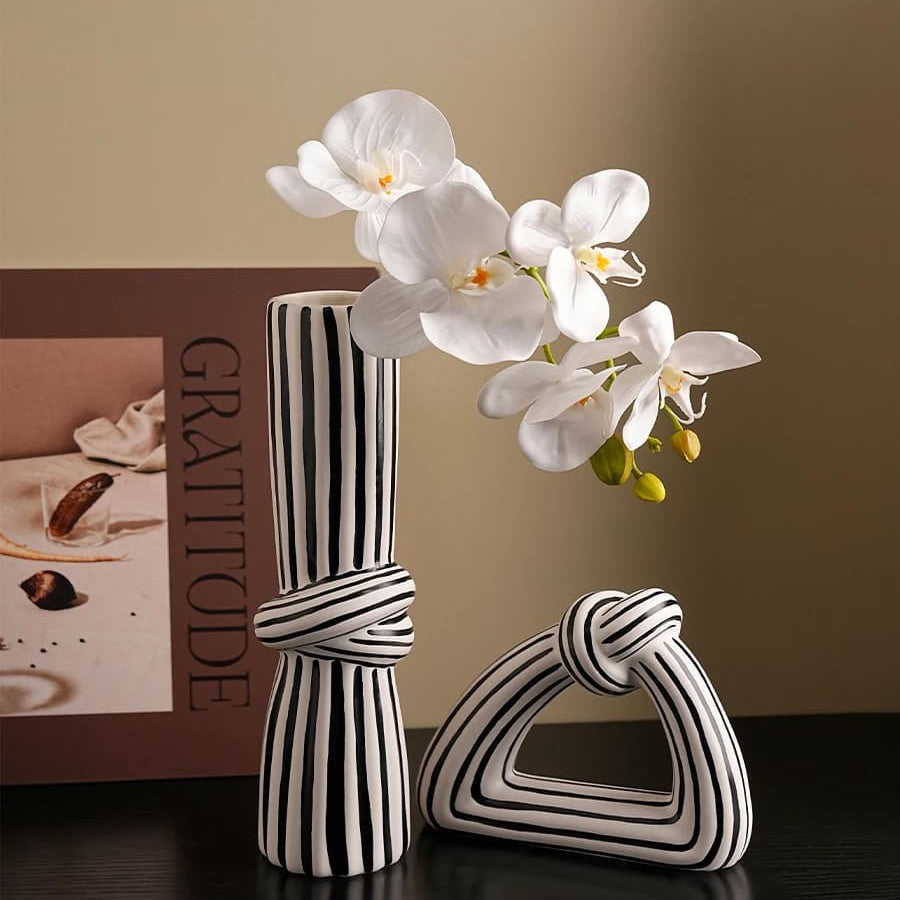 Black & White Striped Knot Ceramic Vase – Modern Decor