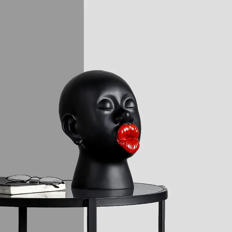 Modern Red Lip Lady Head Sculpture – Resin Art Decor