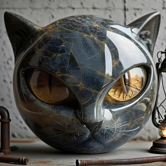 Black Cat Stone Figurine – Marble Texture Resin Cat Head Office Desk Decor