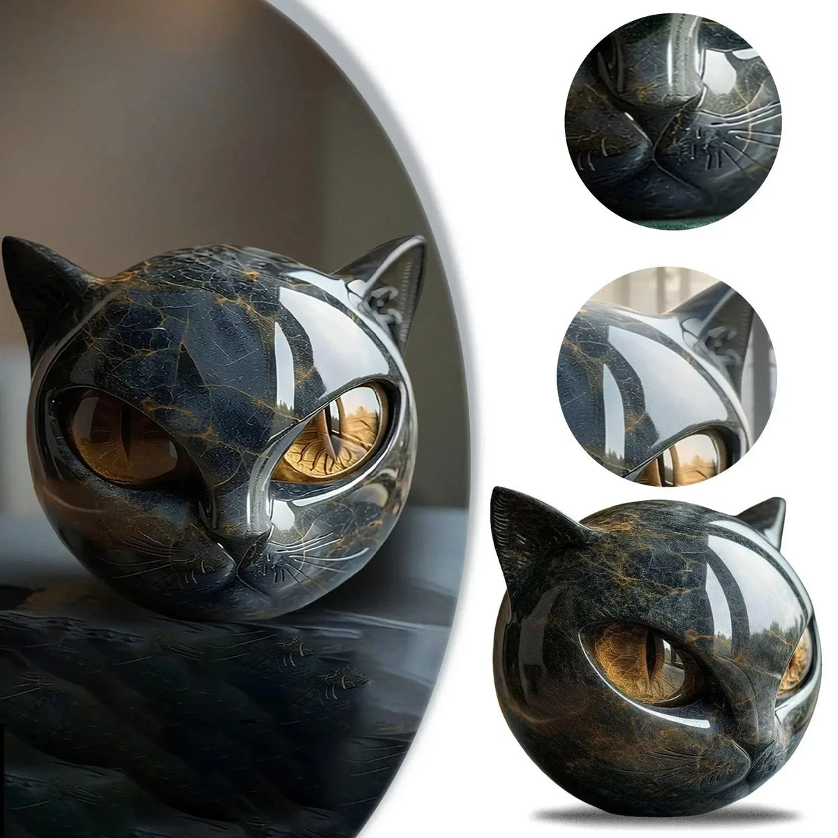 Black Cat Stone Figurine – Marble Texture Resin Cat Head Office Desk Decor