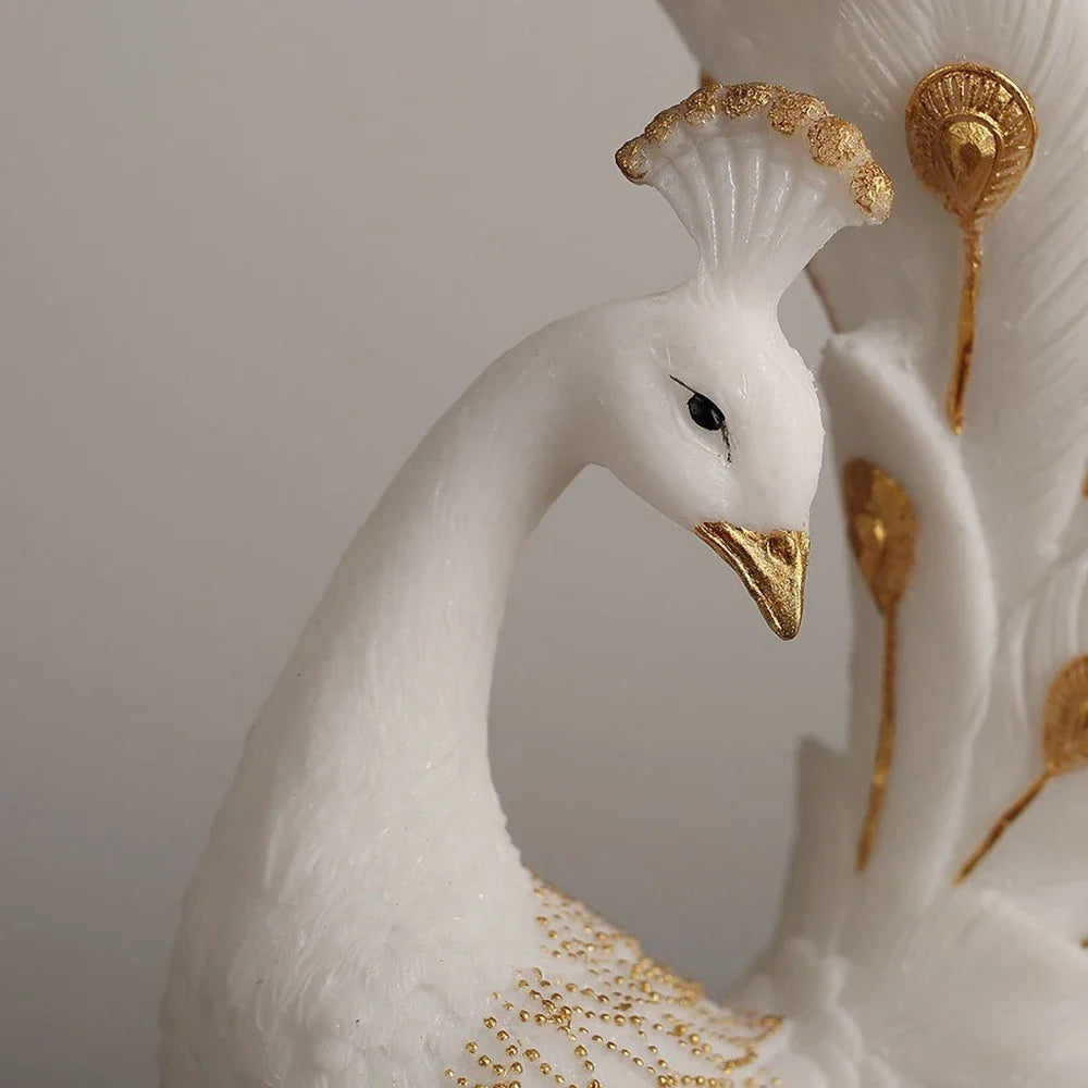 Modern Peacock Sculptural Vase – White & Gold Resin
