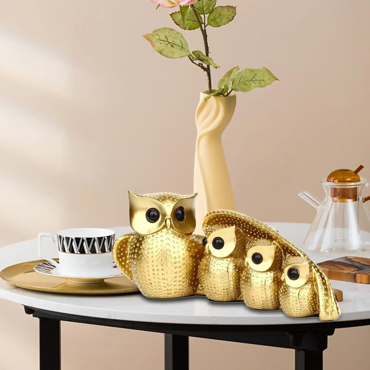 Golden Owl Family Statue – Decorative Owl Figurine Decor