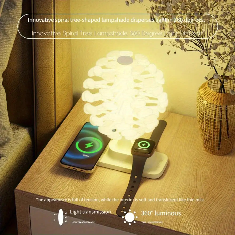 Spiral Tree RGB Table Lamp with Wireless Charging Pad - 360° Glow Bedside Lamp