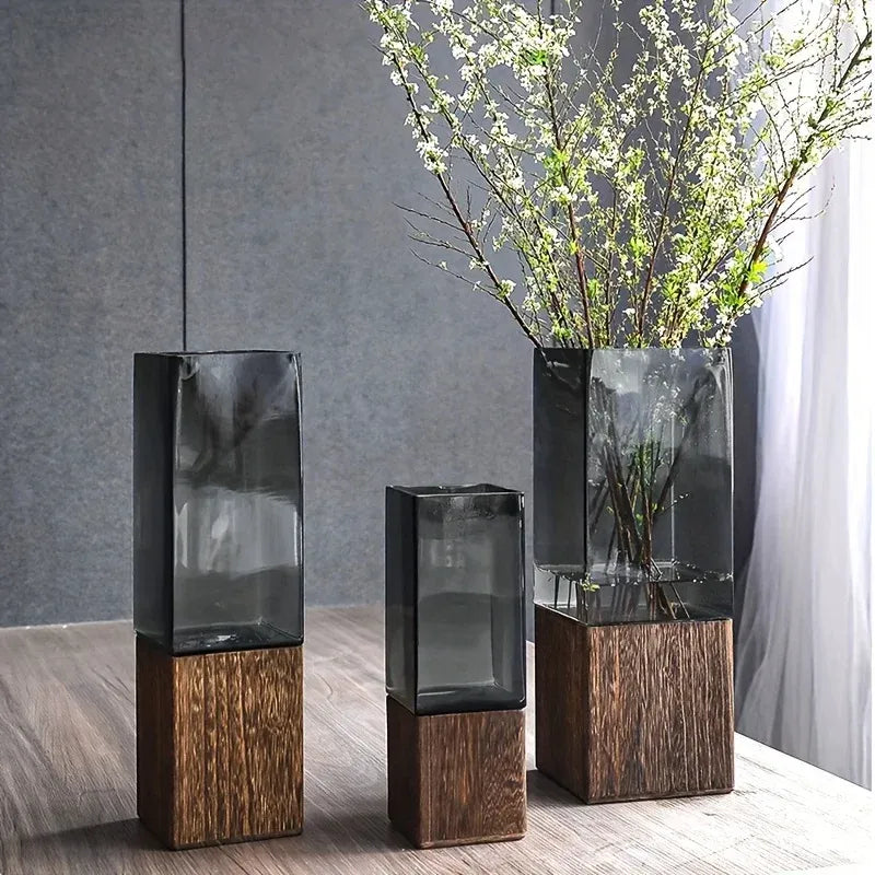 Nordic Acrylic Vase with Wooden Base – Tabletop Decor