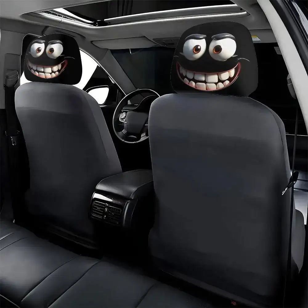 Crazy Smiley Face Car Headrest Covers - Set of 2, Funny Cartoon Troll Face Design
