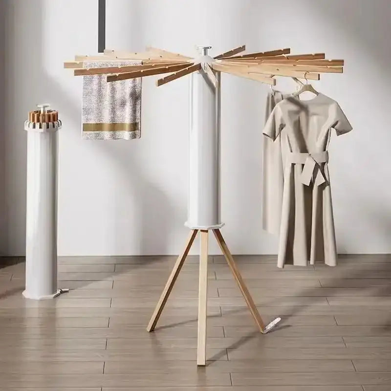 Foldable 360° Rotating Clothes Drying Rack with Wood Arms & Tripod Base