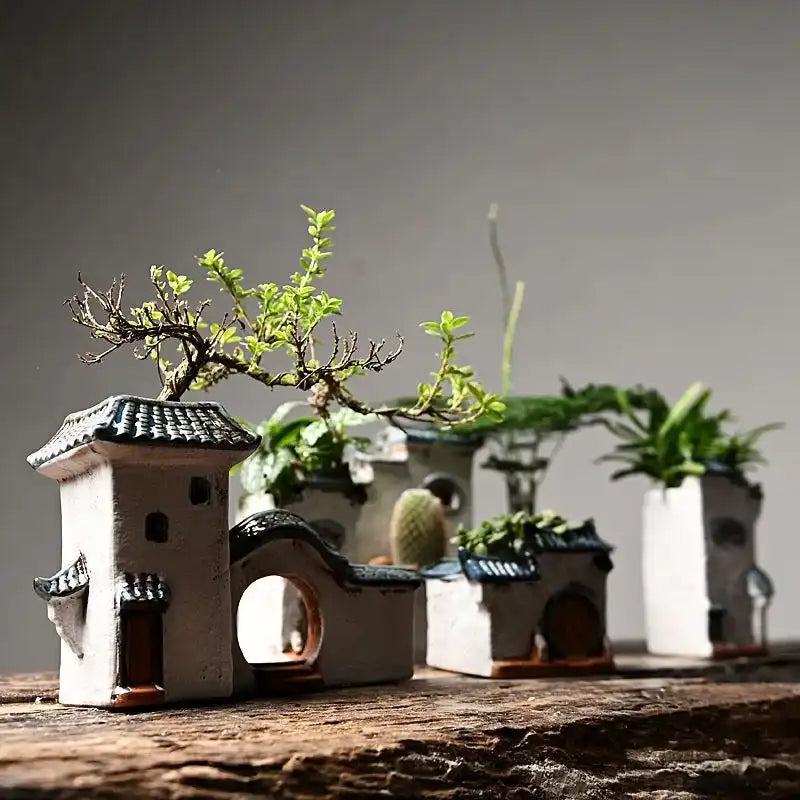 Jiangnan House Ceramic Succulent Planter - Handcrafted Rustic Tabletop Pot