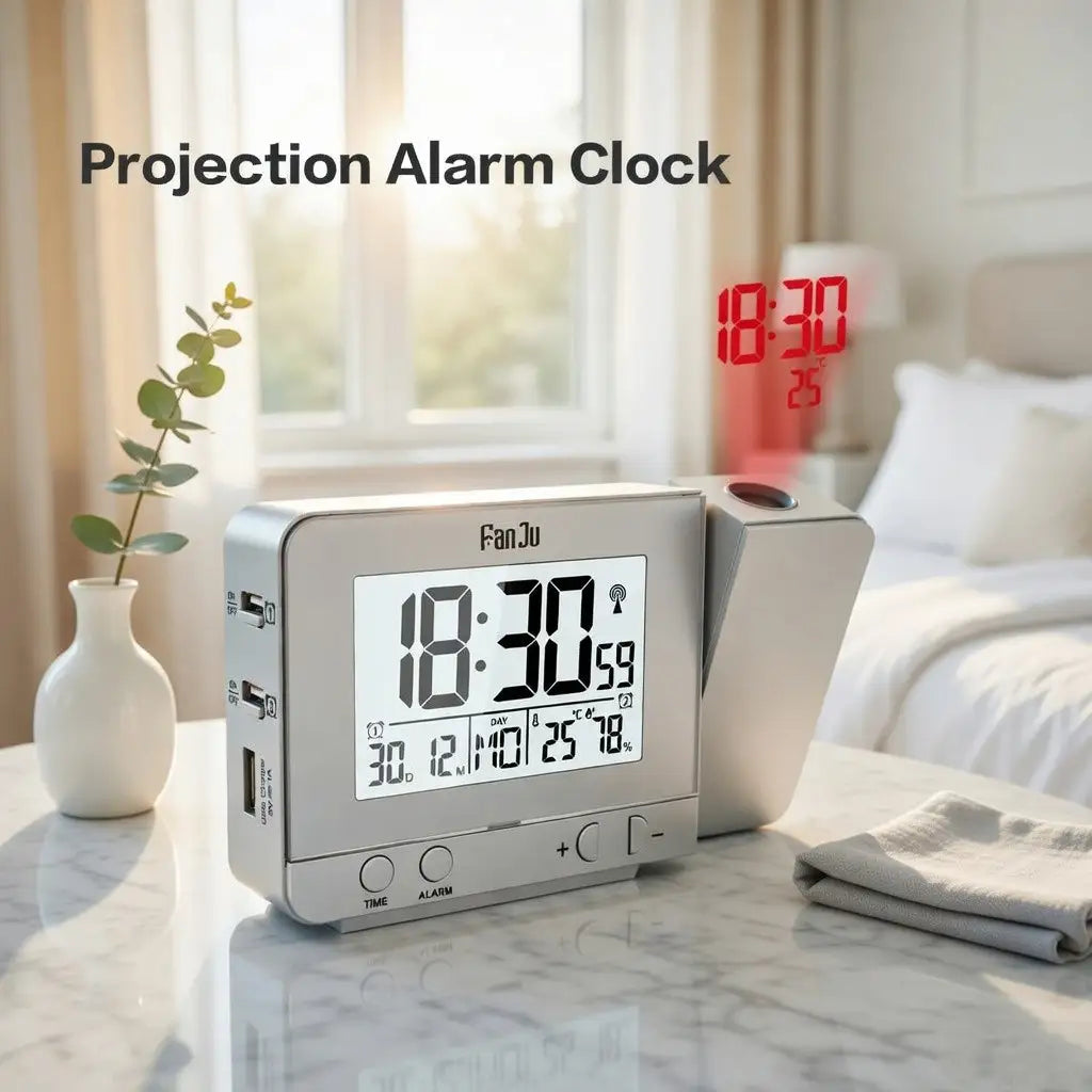 Digital Projection Alarm Clock with USB Charger | Dimmable LED Display, Thermometer & Dual Alarm