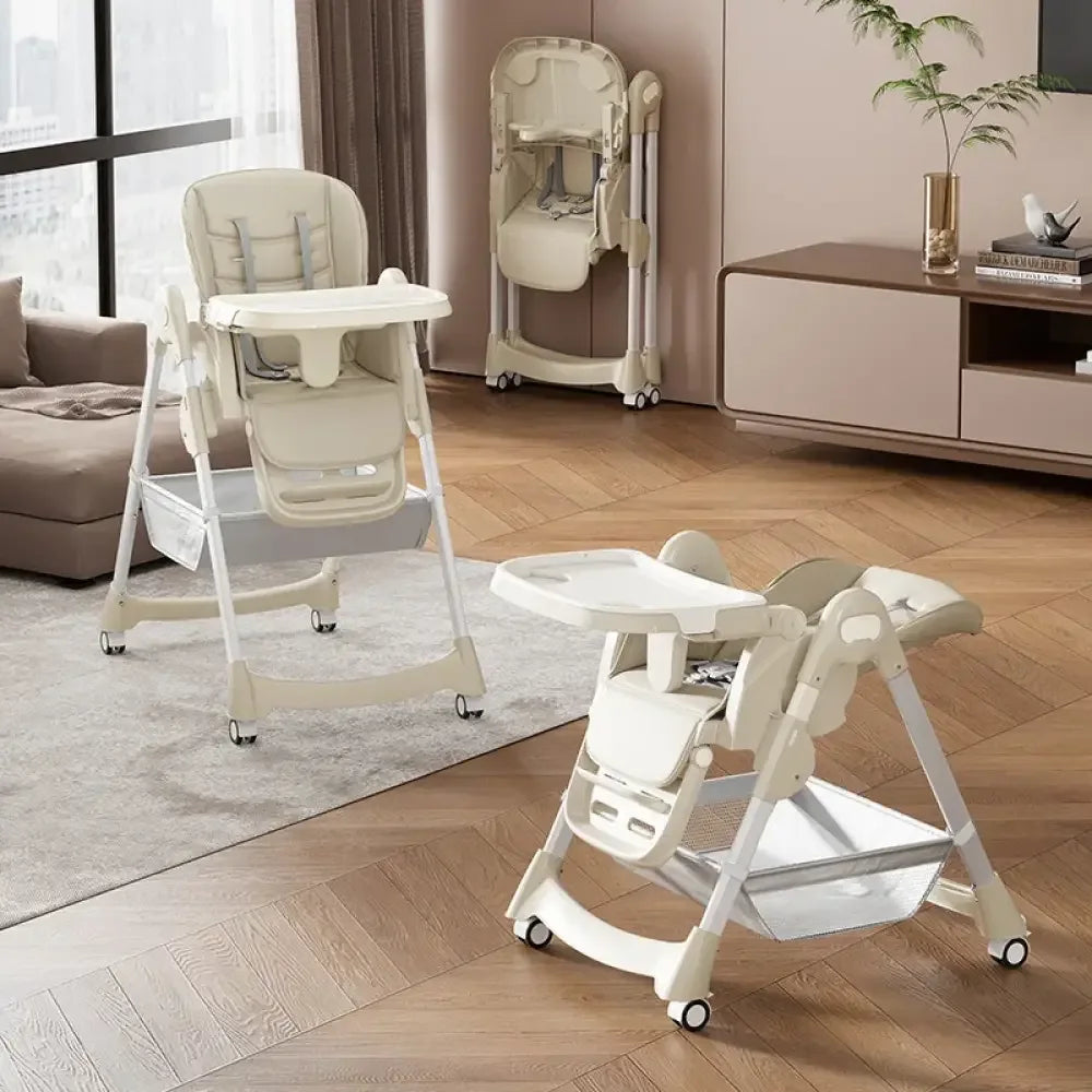 Foldable Baby High Chair Adjustable PU Leather Seat with Locking Wheels