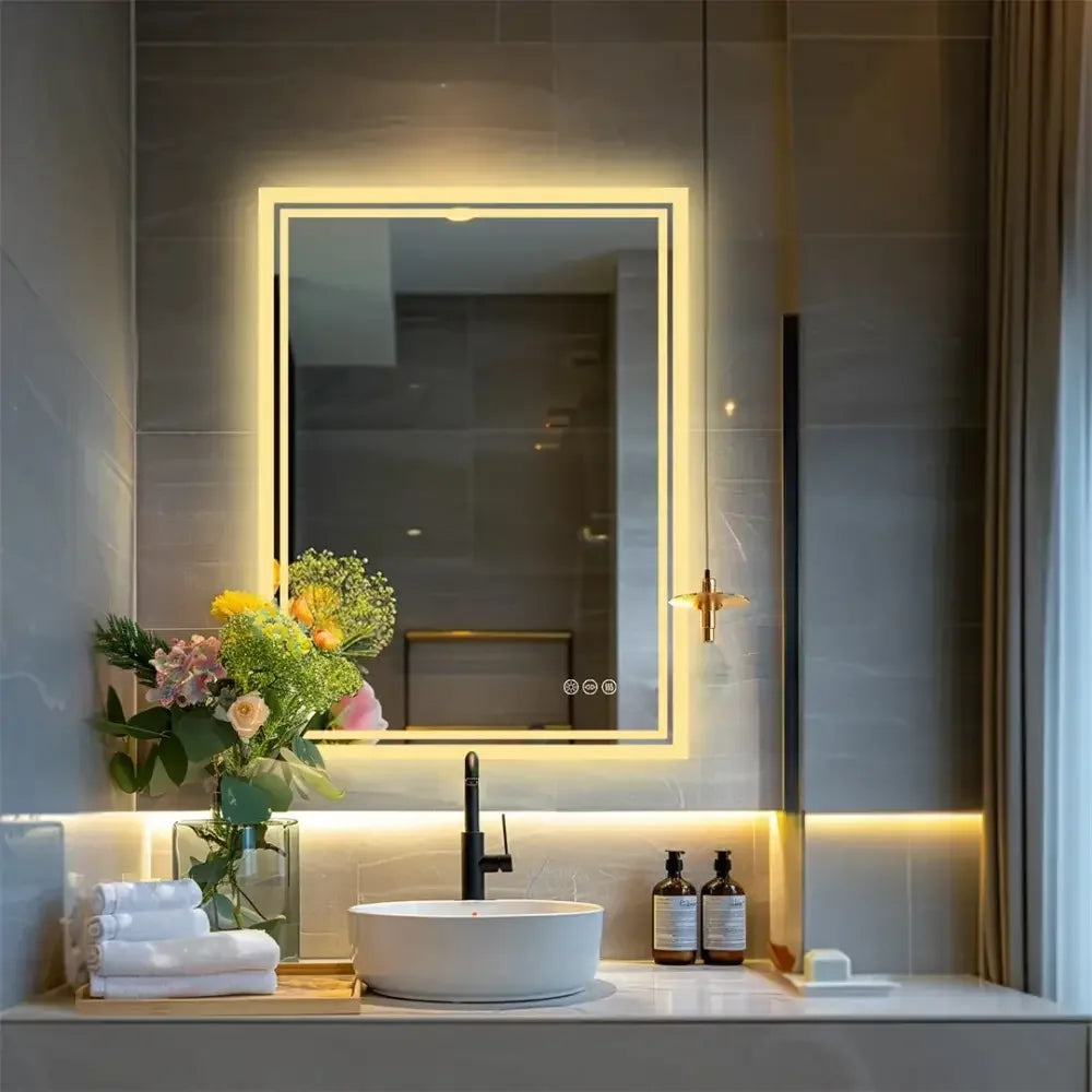 Frameless LED Backlit Bathroom Mirror Dimmable, 3-Color Light & Anti-Fog Smart Mirror