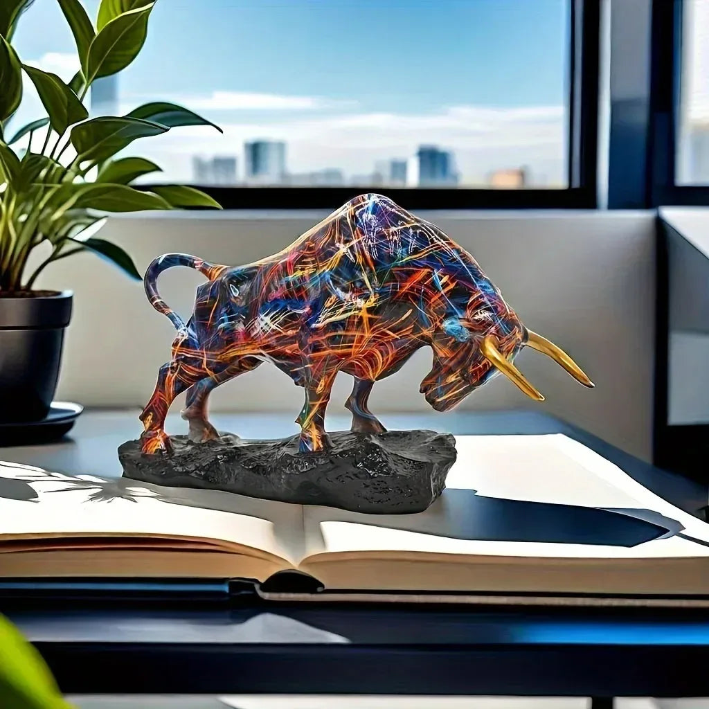 Colorful Charging Bull Sculpture – Resin Wall Street Decor