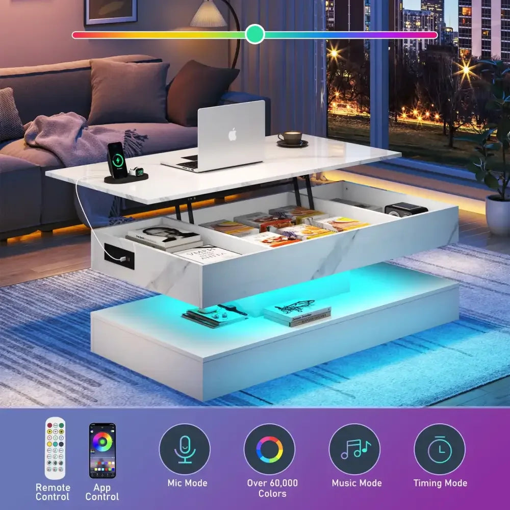 High Gloss LED Coffee Table – Open Shelf, Large Storage & App Control