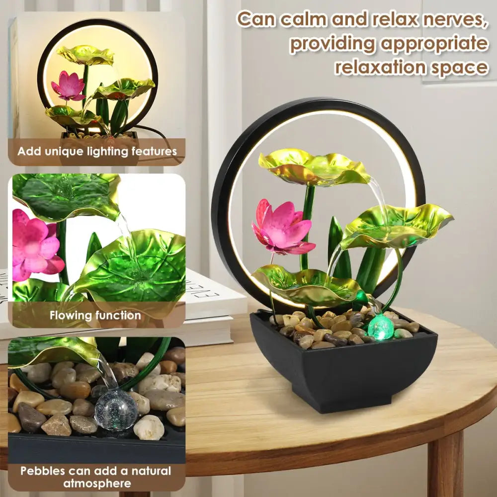 Metal Tabletop Water Fountain with LED Ring Lights & Natural Rocks