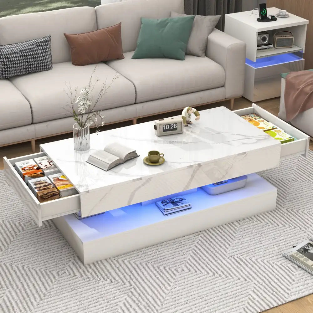 Modern LED Coffee Table – 20 Colors, Double Layer & 2 Storage Drawers