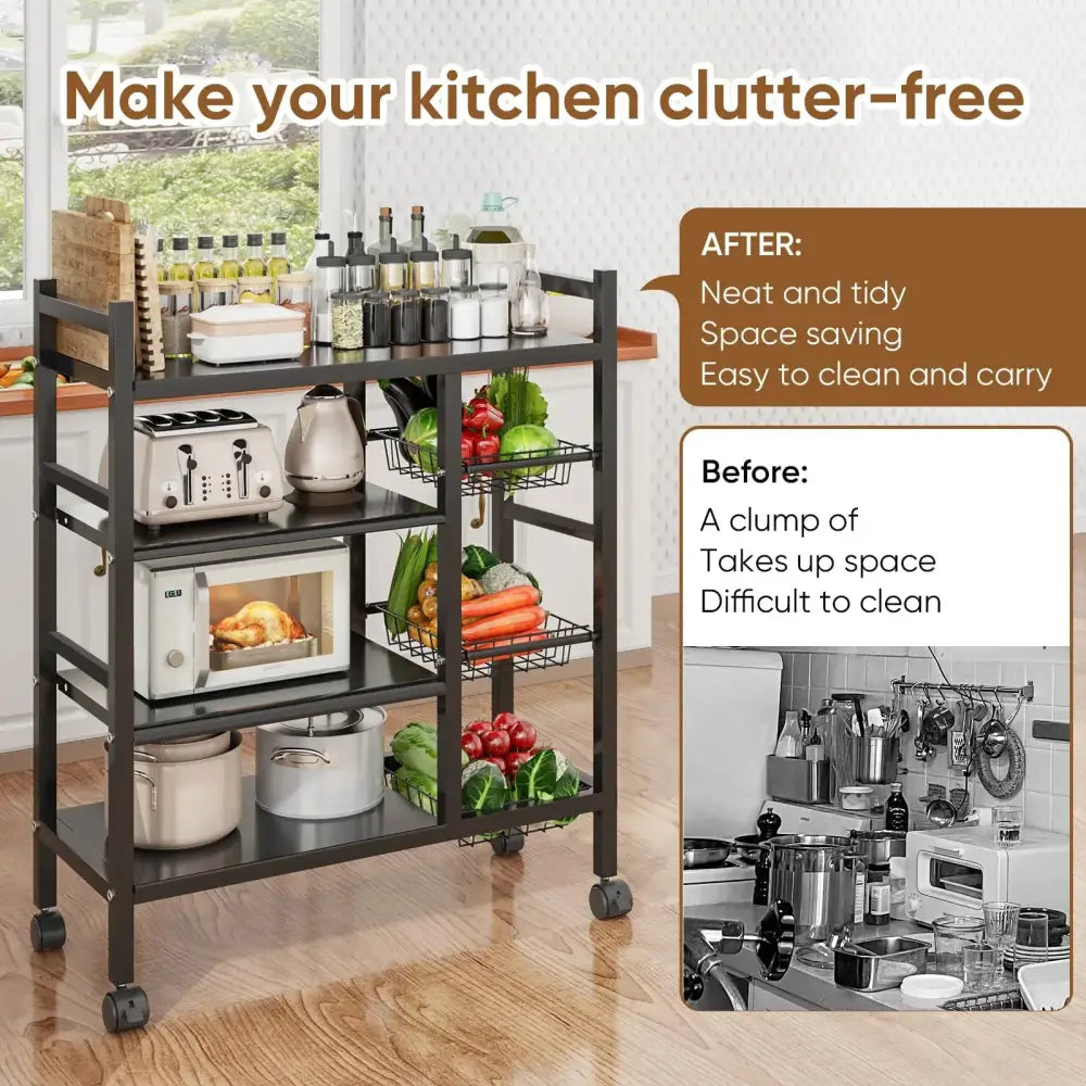 Movable Kitchen Vegetable Basket Rack 5-Tier Steel Storage with Wheels