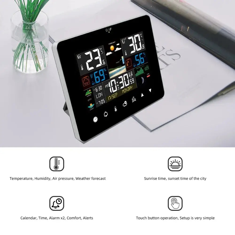 Multifunctional Weather Station Alarm Clock – Touch Screen Thermometer, Hygrometer, Wireless Sensor, Sunrise & Sunset Display