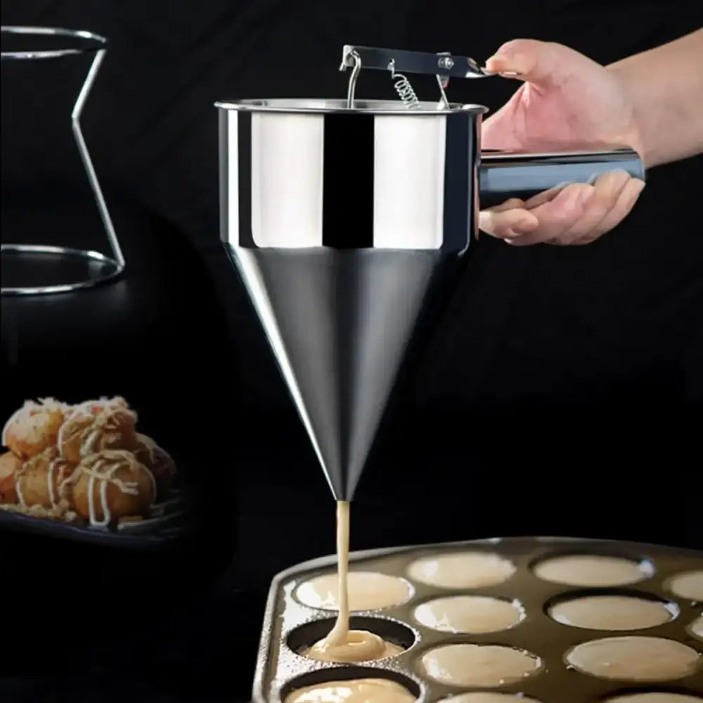 Stainless Steel Pancake Batter Dispenser with 4 Nozzles & Stand – Funnel Cake & Cupcake Maker