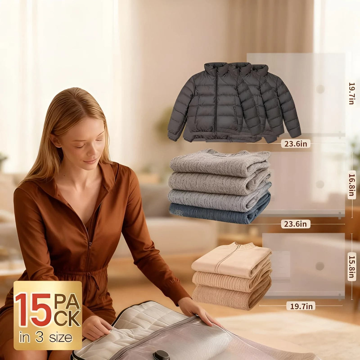 Cordless Compression Travel Vacuum Bag Set-15 Pack