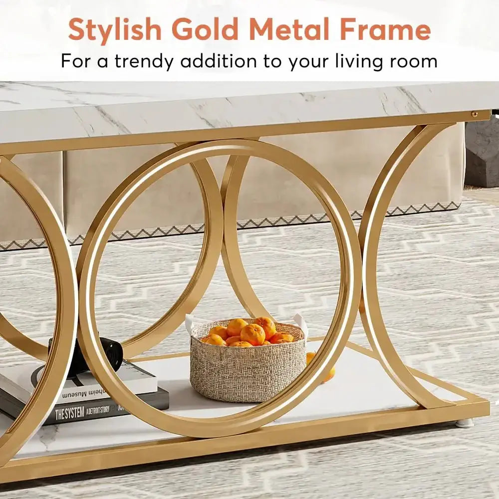 Modern Rectangle Coffee Table – 2-Tier Faux Marble & Gold Legs