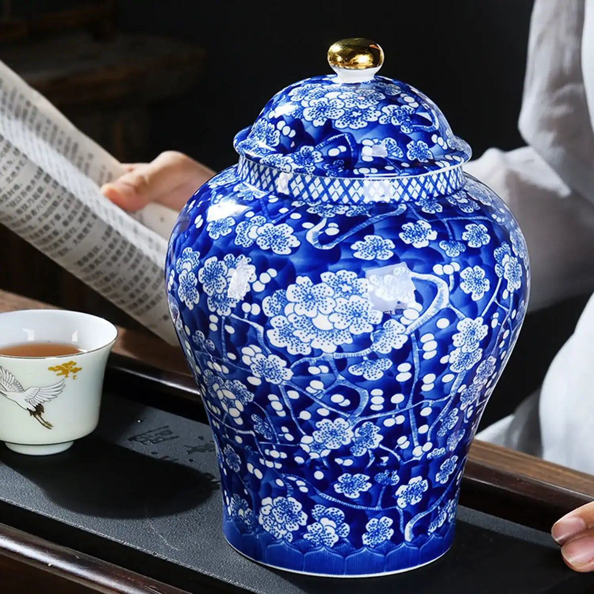 Handcrafted Ceramic Cremation Urn - Blue & White Plum Blossom