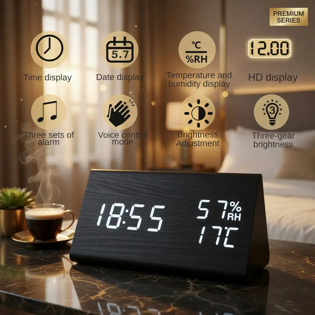 Wooden LED Digital Alarm Clock with Temperature, Humidity & Voice Control