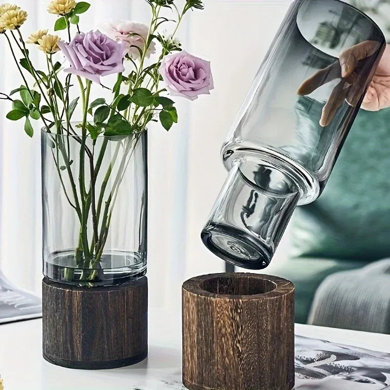 Hydroponic Glass Vase – Minimalist Wooden Base Decor