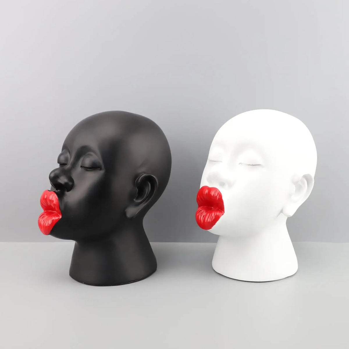 Modern Red Lip Lady Head Sculpture – Resin Art Decor