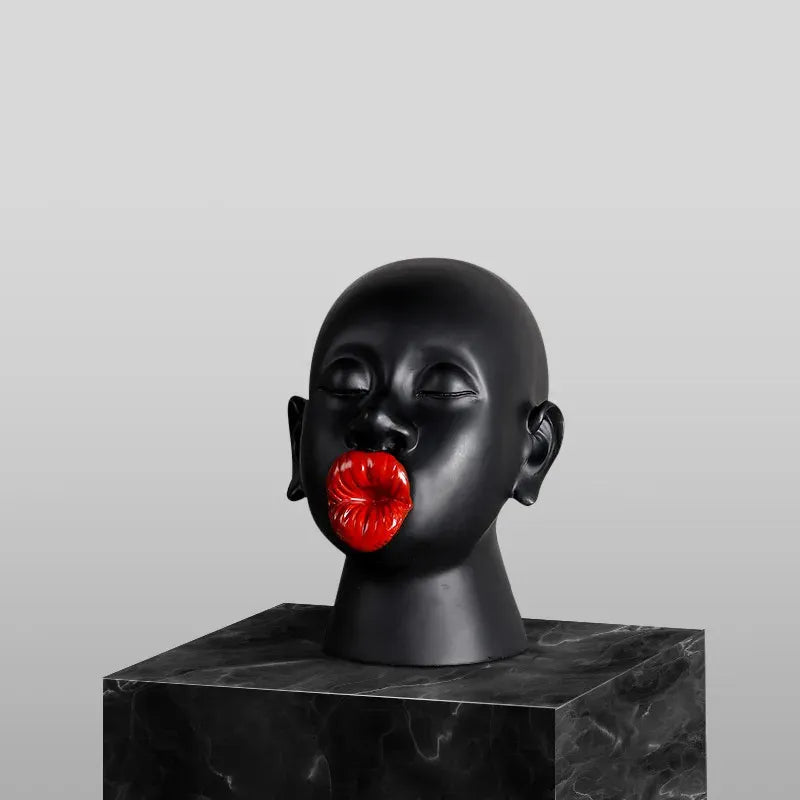 Modern Red Lip Lady Head Sculpture – Resin Art Decor