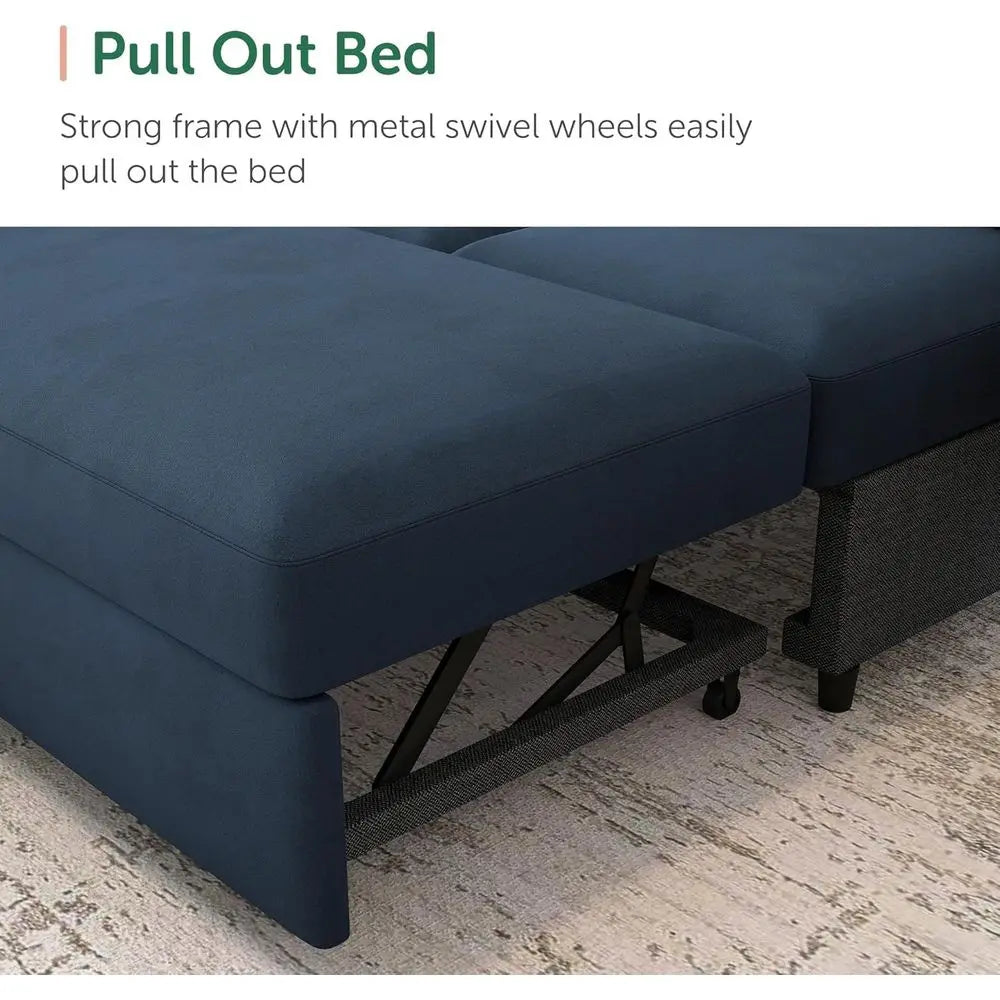 Velvet Blue U-Shaped Sleeper Sofa 6-Seat Sectional with Storage Chaise