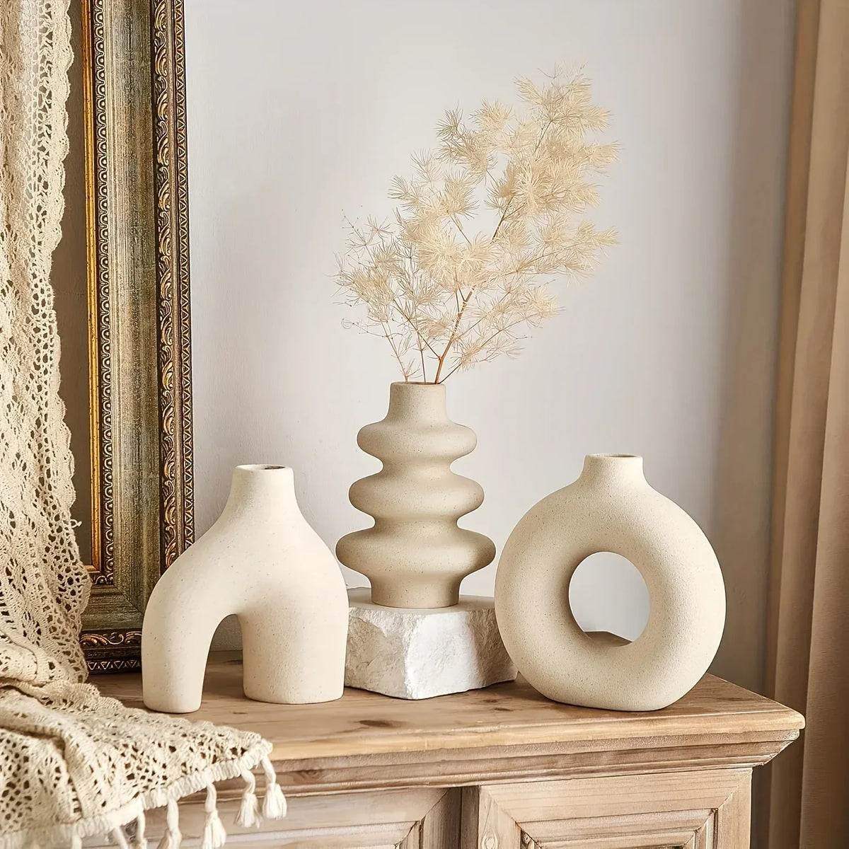 Boho Ceramic Vase Set – Minimalist Neutral Decor Trio