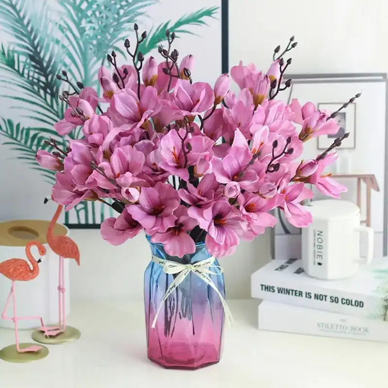 Silk Magnolia Artificial Flowers - 5 Forks 20 Heads Vase Floral Decor