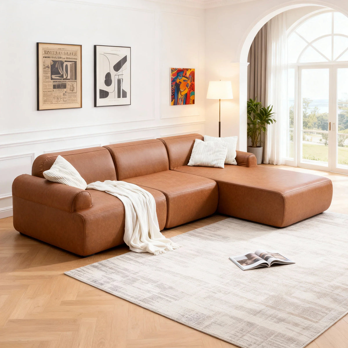 Oversized L-Shaped Modular Sofa Pet-Friendly Faux Leather & Corduroy