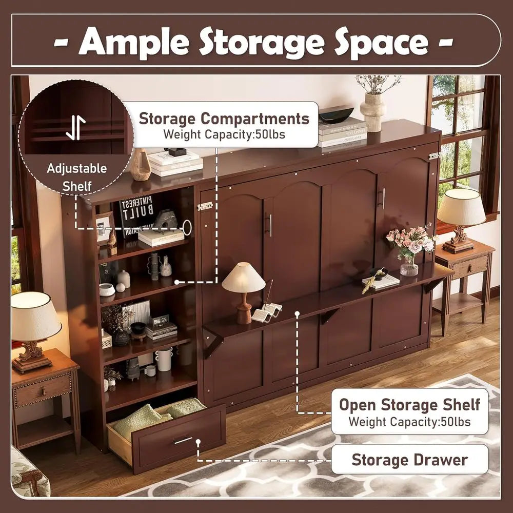 Walnut Queen Horizontal Murphy Bed Wall Bed with Desk & Movable Cabinet