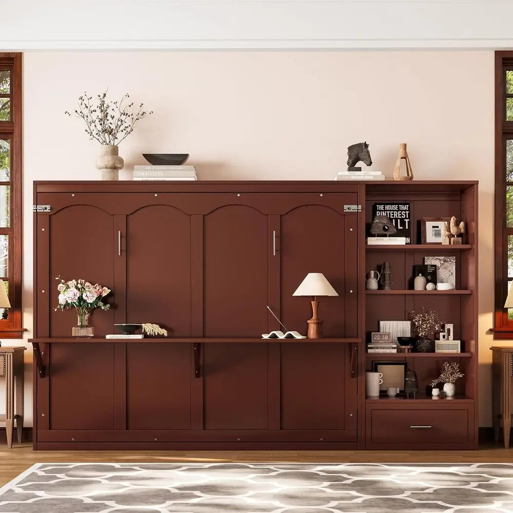 Walnut Queen Horizontal Murphy Bed Wall Bed with Desk & Movable Cabinet