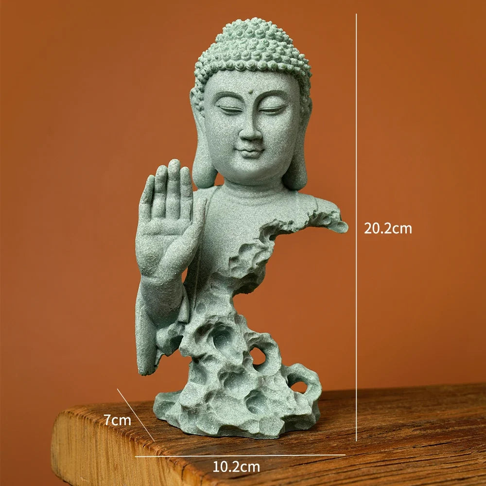 Serene Zen Buddhist Statue Natural Green Sandstone Desktop Decor