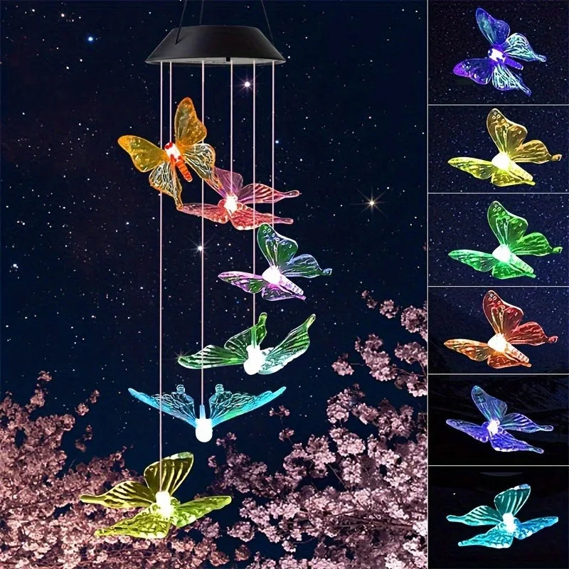 Solar Color-Changing Wind Chimes Waterproof Outdoor LED Butterfly & Dragonfly