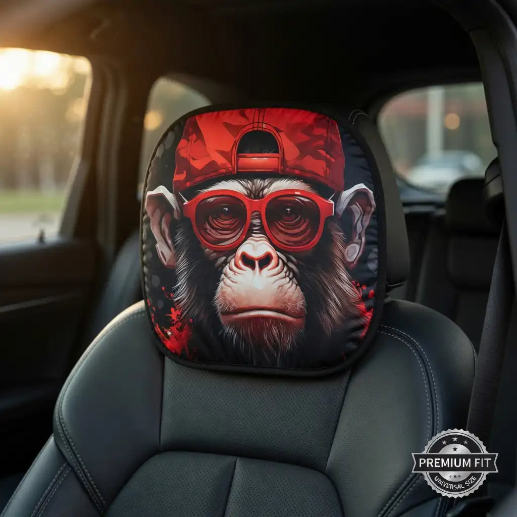Cool Gorilla Car Headrest Covers - Set of 2, Red Streetwear Design