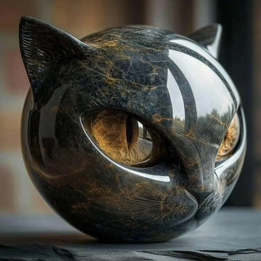 Black Cat Stone Figurine – Marble Texture Resin Cat Head Office Desk Decor
