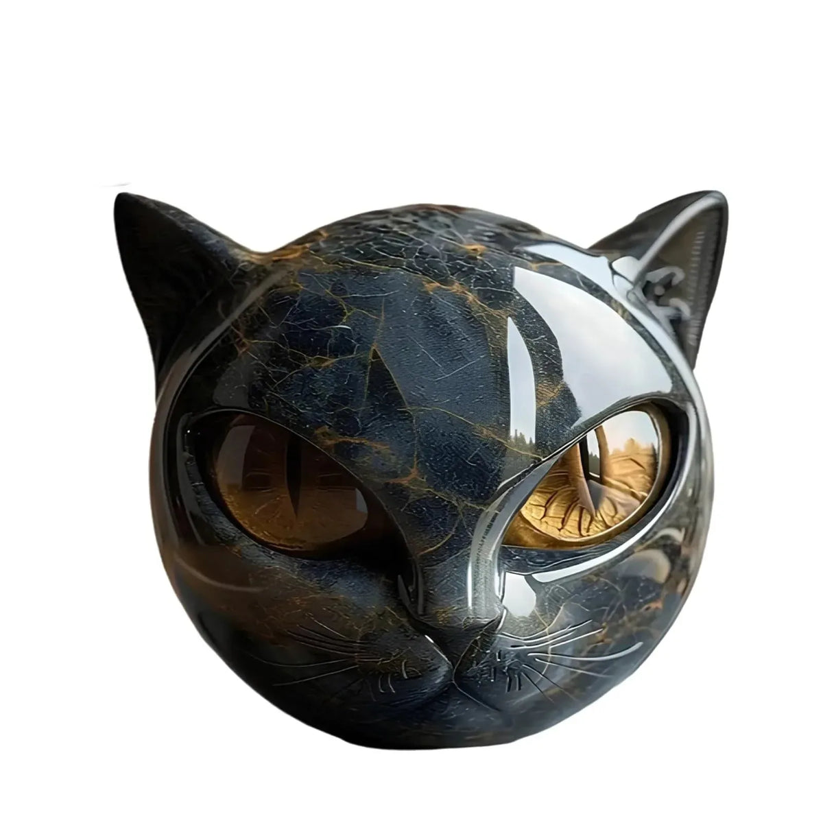 Black Cat Stone Figurine – Marble Texture Resin Cat Head Office Desk Decor