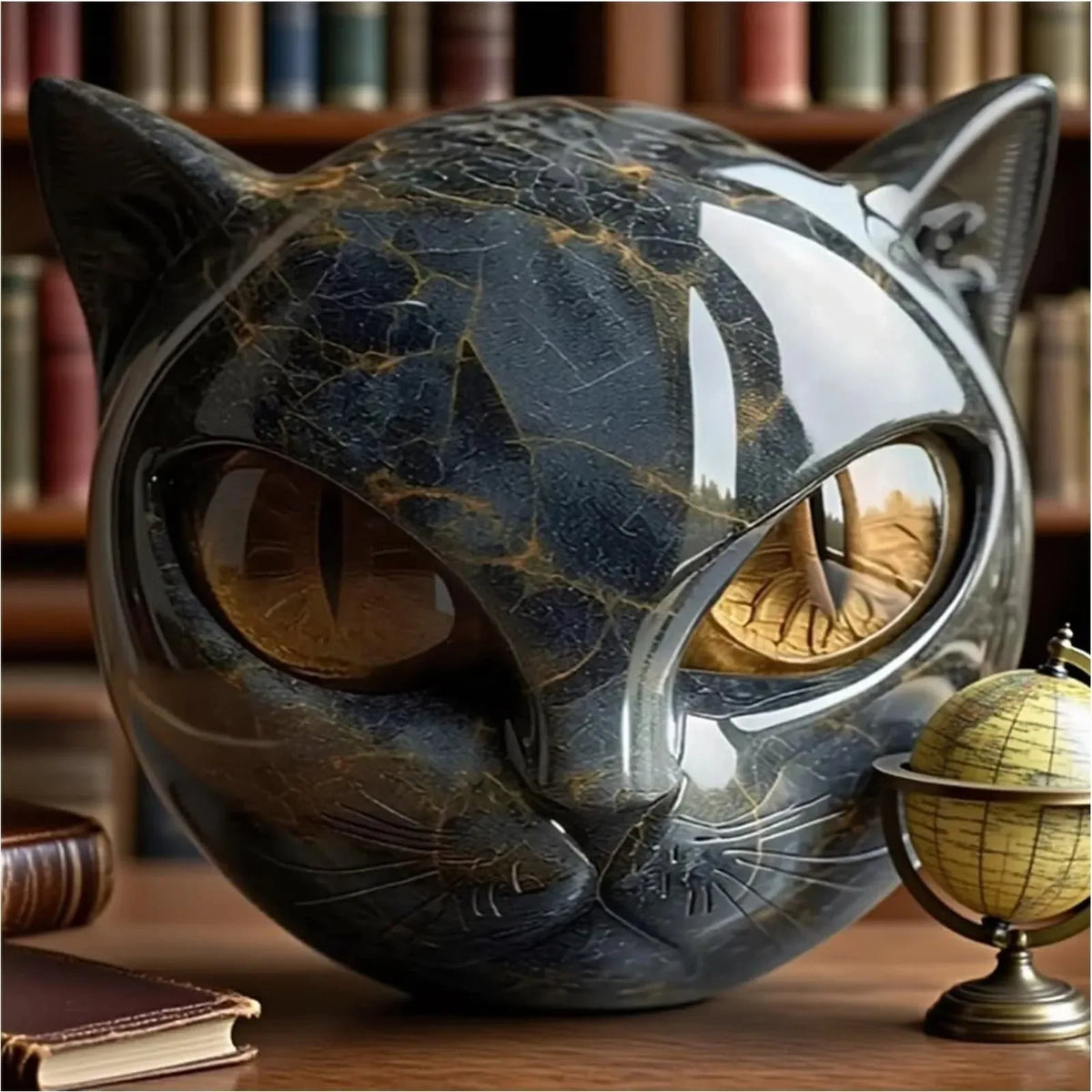 Black Cat Stone Figurine – Marble Texture Resin Cat Head Office Desk Decor