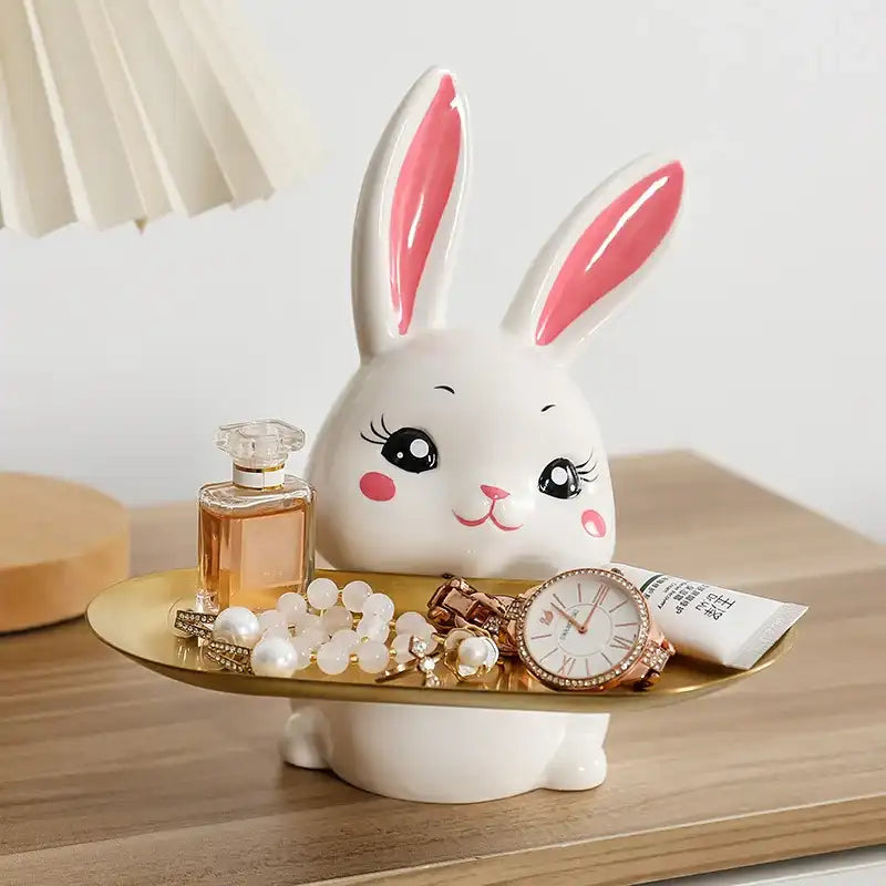 Cute Rabbit Ceramic Tray - White Bunny Jewelry Holder