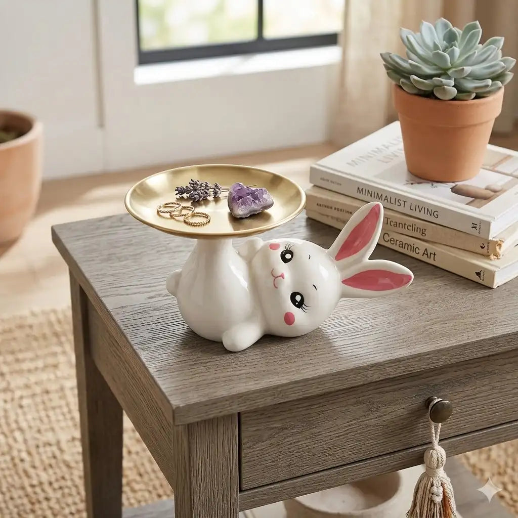 Cute Rabbit Ceramic Tray - White Bunny Jewelry Holder