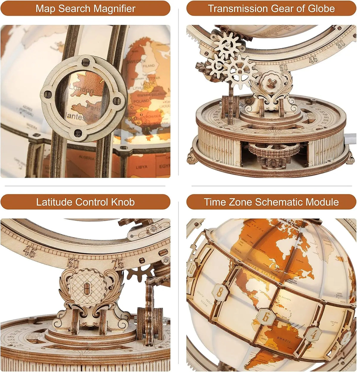 Luminous Globe 3D Wooden Puzzle - LED Rotating World Model Kit