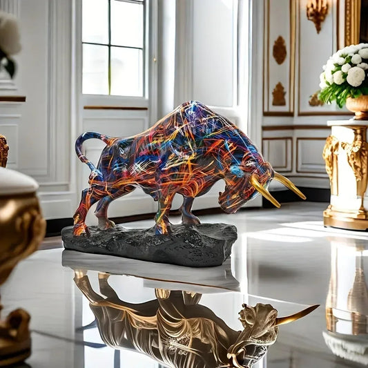 Colorful Charging Bull Sculpture – Resin Wall Street Decor