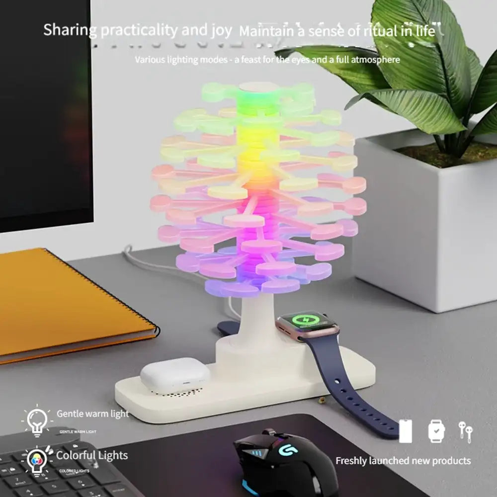 Spiral Tree RGB Table Lamp with Wireless Charging Pad - 360° Glow Bedside Lamp