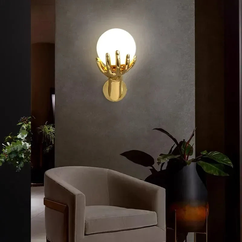 Creative Hand LED Wall Lamp – Resin Glass Bedside Light
