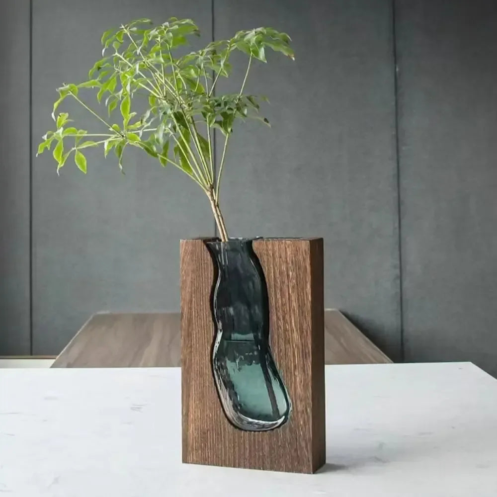 Wooden Frame Glass Vase – Modern Hydroponic Flower Decor