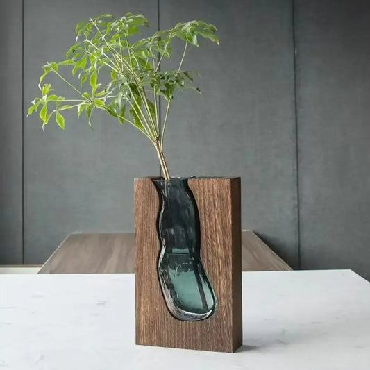 Wooden Frame Glass Vase – Modern Hydroponic Flower Decor