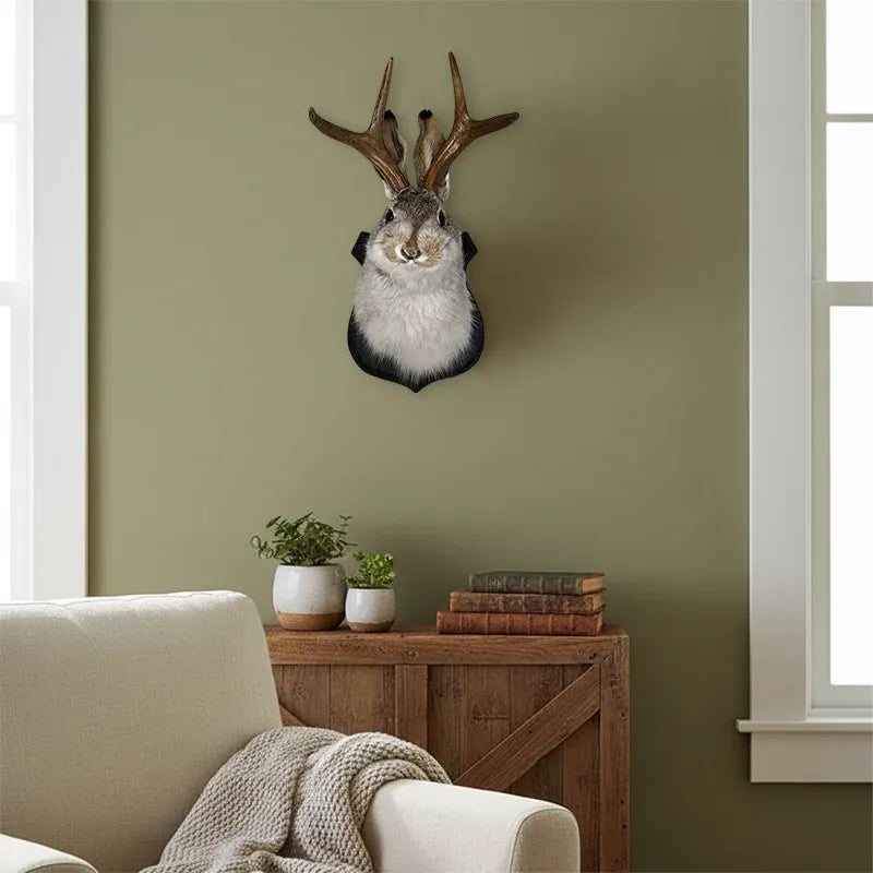 Jackalope Bunny Head Wall Mount – Rustic Antler Decor