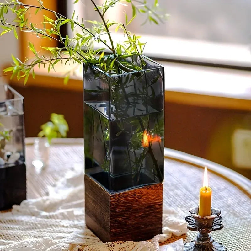 Nordic Acrylic Vase with Wooden Base – Tabletop Decor
